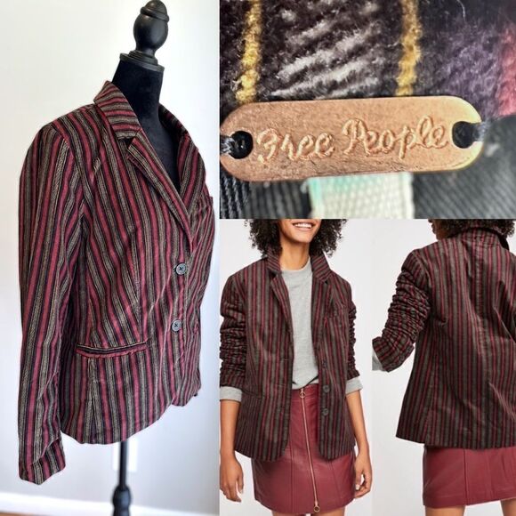 Free People B-Line Blazer Velvet Striped Button Pockets Burgundy Red Size S - Picture 1 of 15